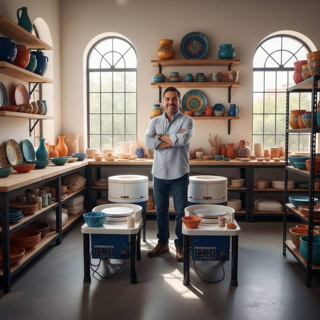 Dueño de pequeña empresa mexicana con nuevo equipo financiado.